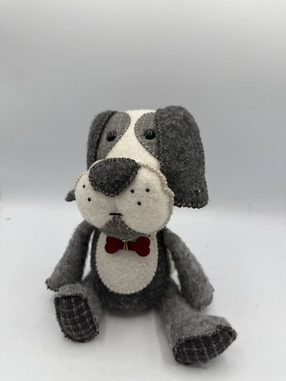 Hallmark Beagle Puppy Dog Plush Gray Felt Stuffed Animal Red Bow Tie Vintage